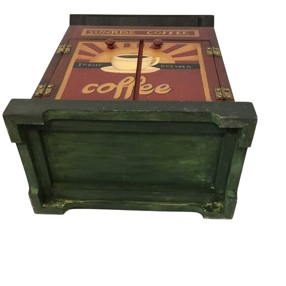 VTG Sunrise Coffee Storage Cabinet Hand-Painted Dual Doors Lid Wood Rustic Red - Picture 9 of 10